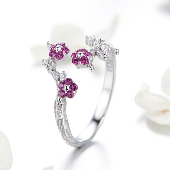 NWT Flower Ring S925 Sterling Silver Pink CZ Cherry Blossom Open Adjustable - Picture 4 of 7